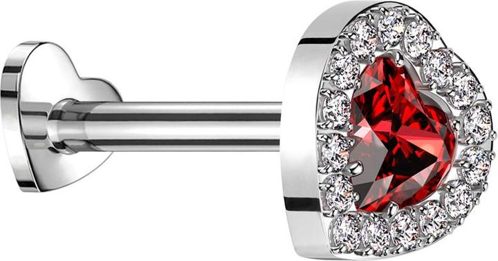 Star Piercing Micro Threadless Labret Herz silber Kristallherz rot umrandende Kristalle silber (ohne Messing, Titan G23)
