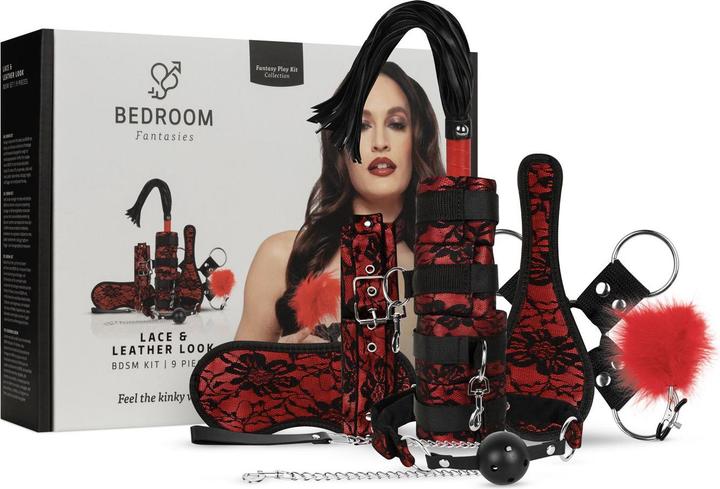 Bedroom Fantasies - Lace & Leather Look - 8 Piece Bondage Set - Red