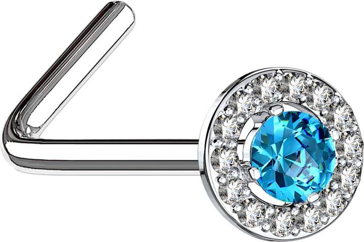 Star Piercing Nasenstecker gewinkelt silber Kristallkreis mit grossem Kristall aqua (Messing, Chirurgenstahl 316L)