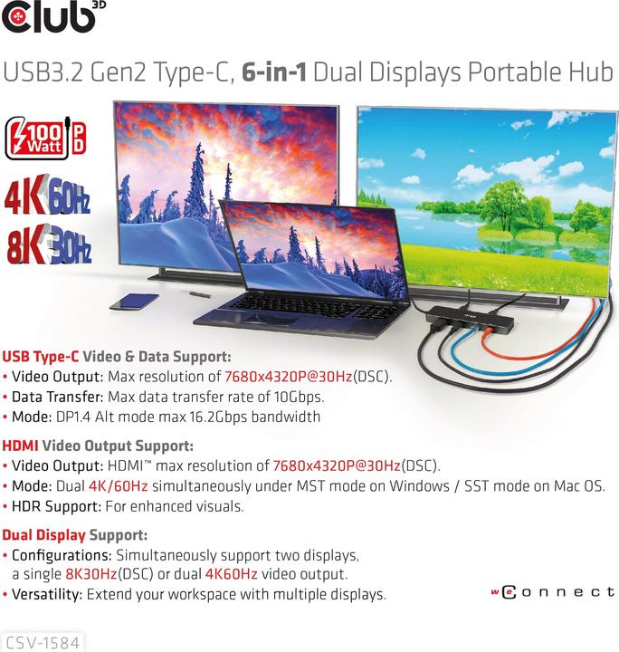 Productafbeelding Club 3D Club3D USB-C Dock > HDMI/USB-C(8K)/2xUSB/USB-C(PD100W)/RJ45 detailhandel (USB-C, 6 Havens)