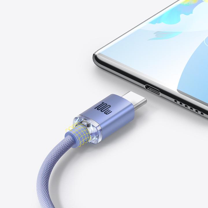 Actual product image Baseus Crystal Shine Series Fast Charging Data Cable USB to Type-C 100W 2m Purple (2 m, USB 2.0, 100 W)