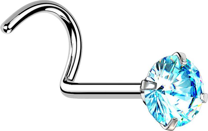 Star Piercing Nasenstecker gebogen silber runder Kristall aqua gefasst (ohne Messing, Chirurgenstahl 316L)