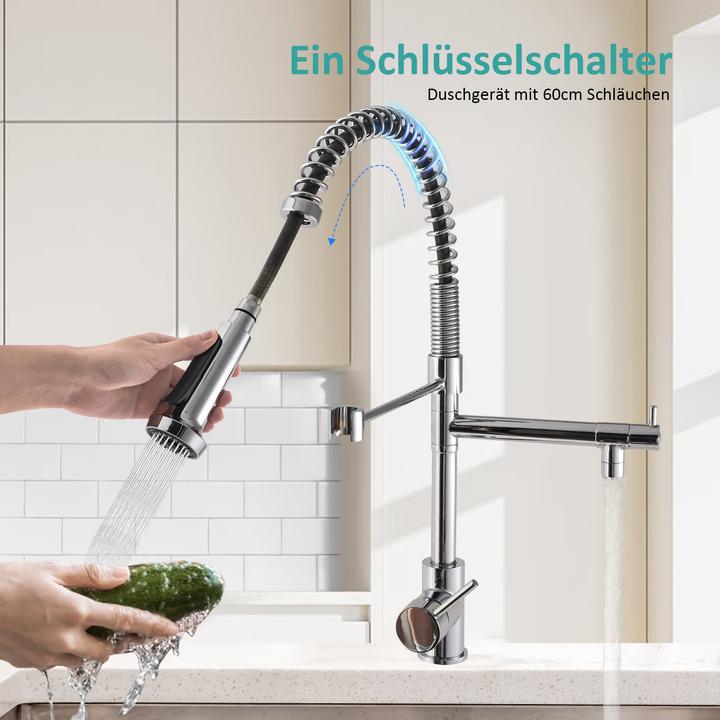 Produktbild Emke Küchenarmatur Wasserhahn Küche Mischbatterie,60cm(Nylon) Schlauch, 2 Strahlarten, Chrom