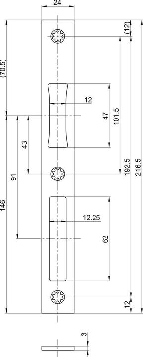 Produktbild BKS Schliessblech flach/eckig, Fallendurchbruch 12 mm, 216,5x24 mm Edelstahl (Türgriff)