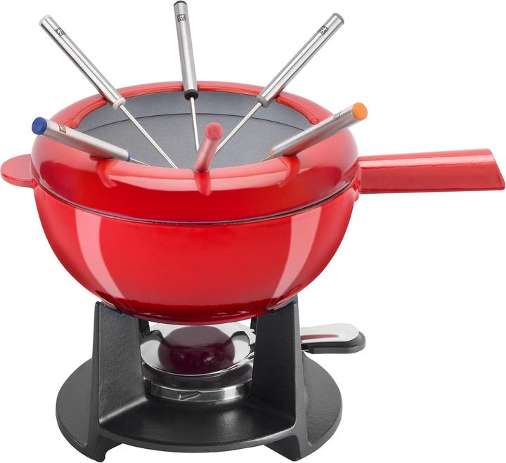 Productafbeelding Zwilling Gietijzeren fondueset 20 cm rood met 6 roestvrijstalen vorken (Kaasfondue, Chocoladefondue)