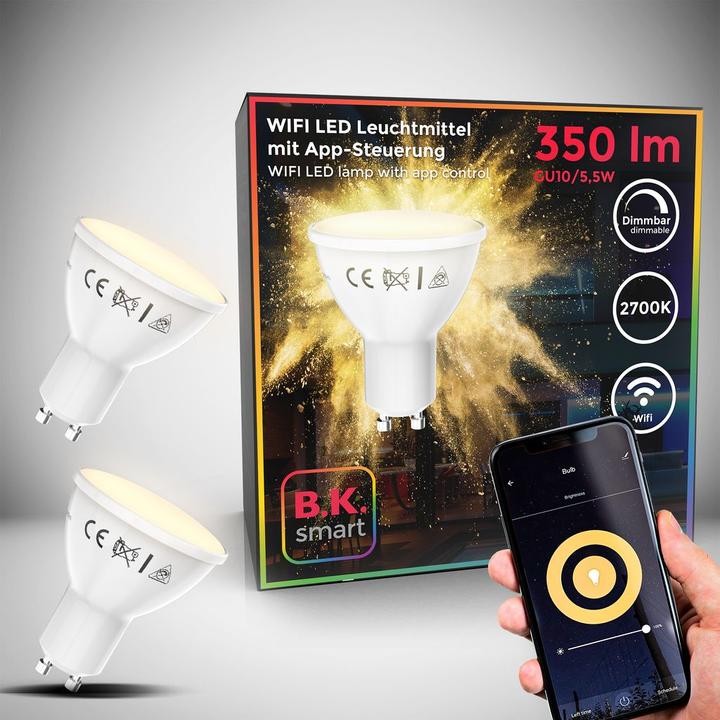 Produktbild B.K.Licht WIFI LED Leuchtmittel, 2er-Set, GU10/5,5W/350lm (GU10, 5.50 W, 350 lm, 2 x, G)
