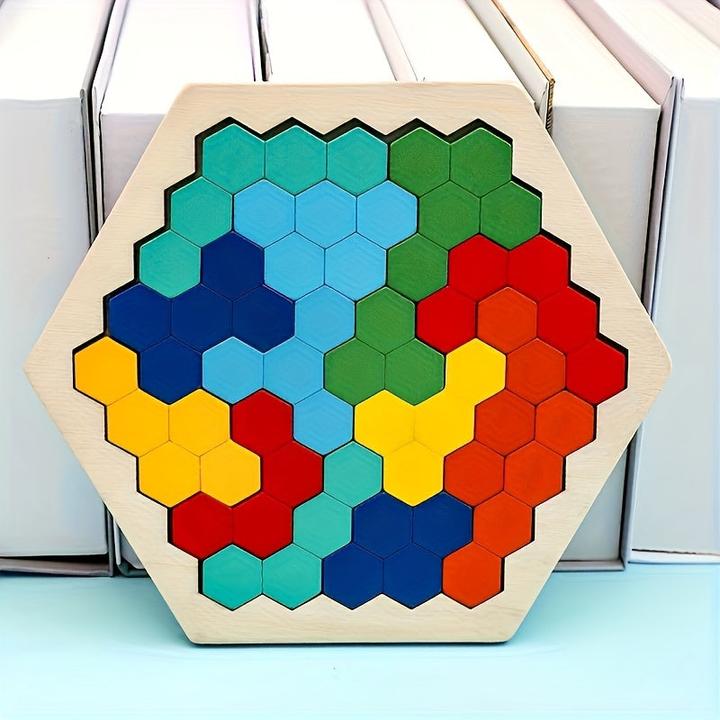 Produktbild Activity Board 3D Sechseckiges Holzpuzzle für Kinder - Gehirnförderndes Tangram-Spiel, IQ-Test-Spielzeug für