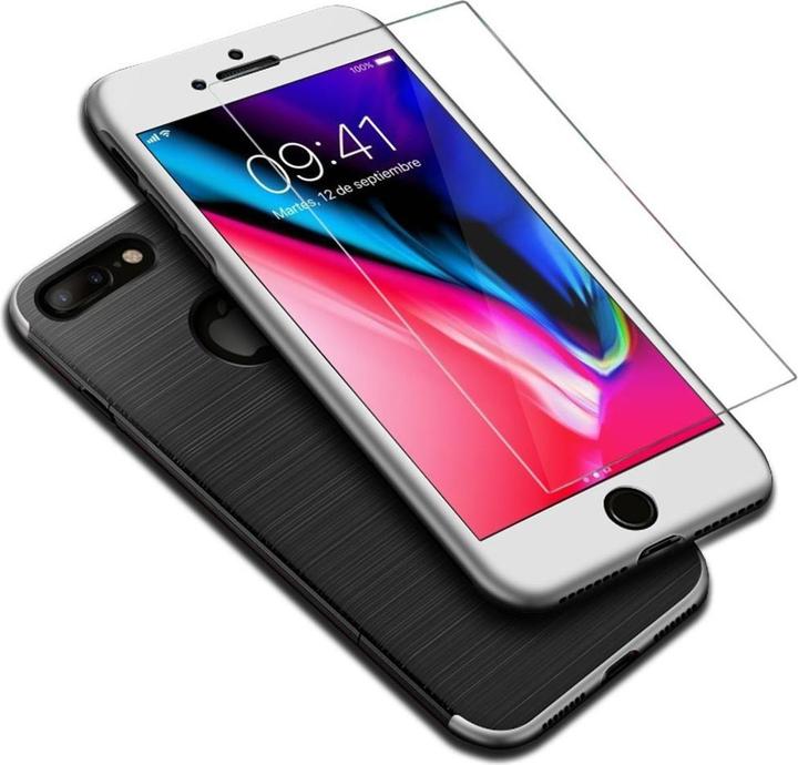 Produktbild König Design Handyhülle Apple iPhone 8 Plus Full Cover Carbon Case Schutz Bumper Etui Silber (Apple iPhone 8 Plus)