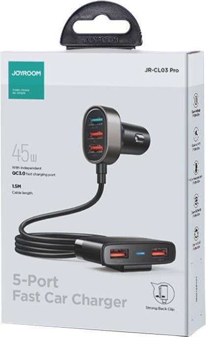 Immagine prodotto Joyroom Caricabatterie da auto veloce con cavo di prolunga 45W 5 x USB-A nero (JR-CL03 Pro)