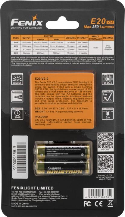 Immagine prodotto Fenix Torcia LED E20 V2.0 (12.70 cm, 350 lm)