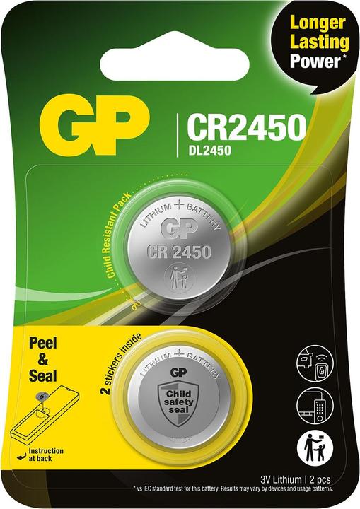 GP Batteries GP Coin cell battery CR2450 3V Safety Seal - 2-pack (2 Stk., CR2450)