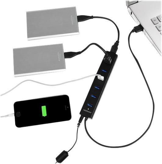 Actual product image Axagon HUE-SA7BP 7x USB3.0 ALU charging hub incl. AC adapter, Juodas (USB-A, USB-B, 7 Ports)