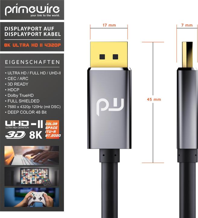 Image du produit Primewire Câble DisplayPort, DP 1.4, câble moniteur premium 8K 7680 x 4320 @ 60 Hz - 4k @ 120 Hz avec DSC (1 m, DisplayPort)