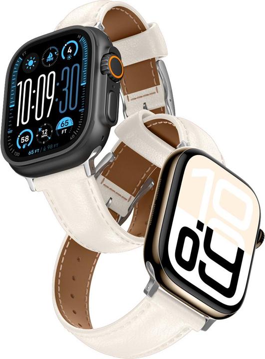 Produktbild Amazingthing Class Band Lederarmband für Apple Watch 45 / 46 / 49 mm - Hellbeige (Edelstahl, Narbenleder)