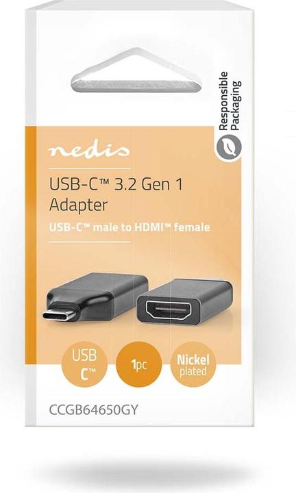Actual product image Nedis USB-C™ Adapter | USB 3.2 Gen 1 | USB-C™ Plug | HDMI™ Output | 4K@60Hz | Round | Nickel-plated (USB-C, 2.20 cm)