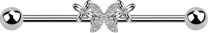 Star Piercing Barbell silber mit zwei Kugeln silber Schmetterling zwei Blumen Kristalle silber (Chirurgenstahl 316L, Messing)
