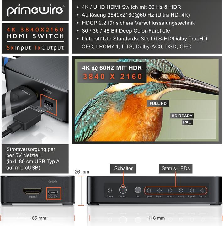 Produktbild Primewire HDMI 2.0 Switch, 5-Port Ultra HD 4K HDMI Umschalter mit Fernbedienung, 5x IN/1x OUT Verteiler