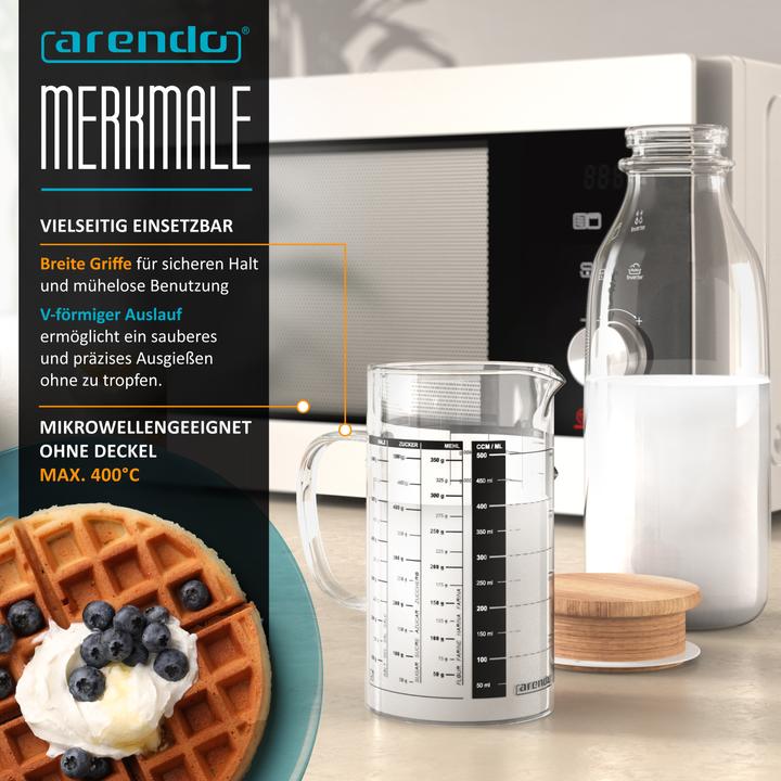 Produktbild Arendo Messbecher 500 ml aus Glas, 0,5 L, luftdicht, Bambusdeckel, Silikondichtung für Mehl, Zucker uvm. (500 ml)