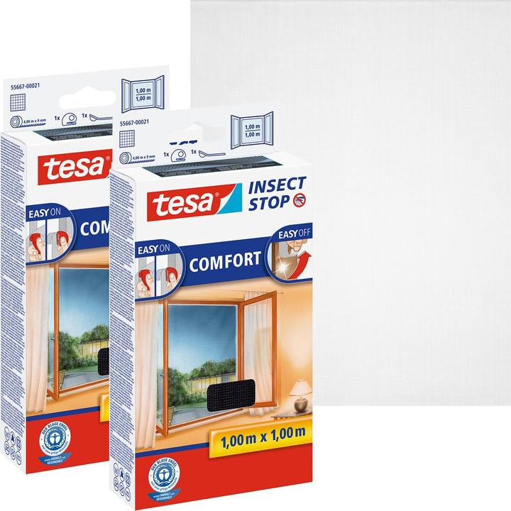 Produktbild tesa 2x Insektenschutz COMFORT für Fenster, mit Klettband, selbstklebend, ohne Bohren (100 x 100 cm)
