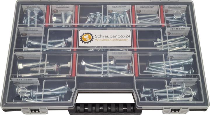 Produktbild Schraubenbox24 Flachkopfschrauben Sortiment M5-M6-M8 // 30mm-60mm 115 tlg. Schraubenbox DIN 603 (115 Schrauben pro Stück)