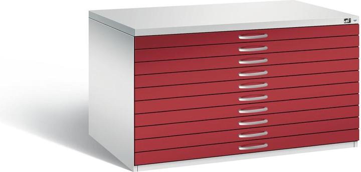 Actual product image C+P Drawing cabinet, A0, 10 drawers, height 760 mm, light grey / ruby red.