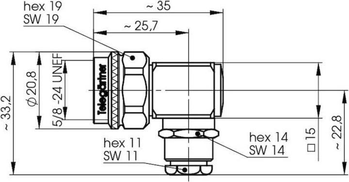 Actual product image Telegärtner Coax N cable angle connector G1 / G5, 50 OHM Cable group: G1 (RG-58C/U), G5 (RG-223/U), RG 141 A/U