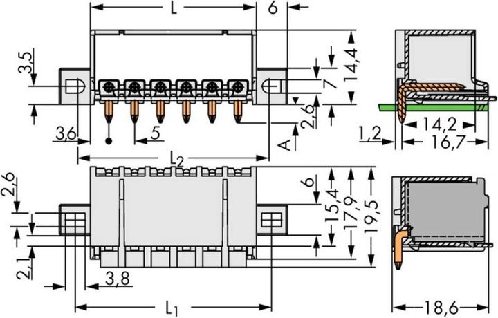Produktbild Wago Stiftleiste mit abgewinkelten Lötstiften Lichtgrau 2092-1423/005-000 Inhalt: 200 St. (2092-1...