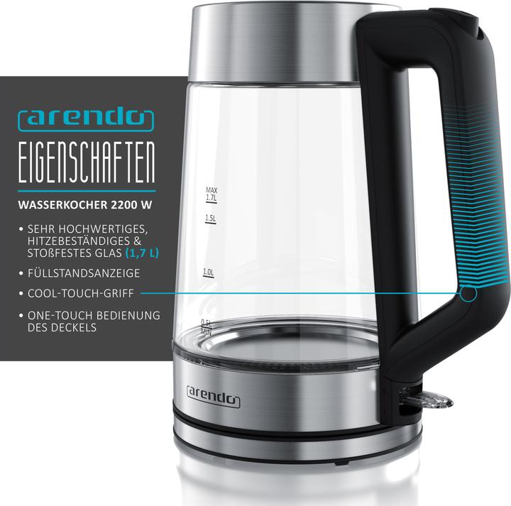 Image du produit Arendo Bouilloire électrique avec éclairage intérieur LED, verre & inox, FINE 1,7 litre (1.70 l)
