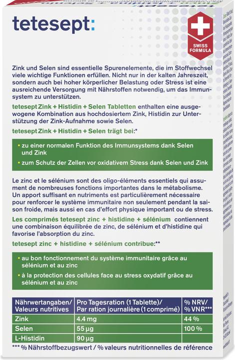 Nährwerte und Zutaten Tetesept Zink+Histidin (30 Stück, Tabletten, 60 g)