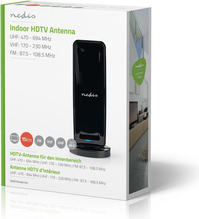Produktbild Nedis Innenantenne Aktiv FM/UHF/VHF Empfangsbereich: 0-15 km LTE700 Verstärkung dBi (bei Antennenkab (Zimmerantenne, 28 dB, LTE, UKW / MW / LW)