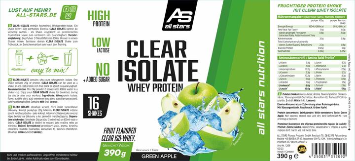 Nutritional values and ingredients All Stars Clear Isolate Whey Protein (390g tin) (Green Apple, 1 pcs., 400 g)