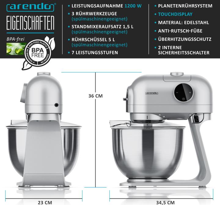 Produktbild Arendo Universal Küchenmaschine mit Standmixer, Rührmaschine (1200 W)