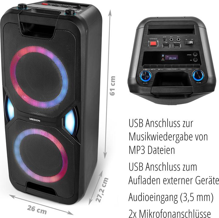Produktbild Medion MD 44468 Partylautsprecher schwarz (15 h, Akkubetrieb, Netzbetrieb)