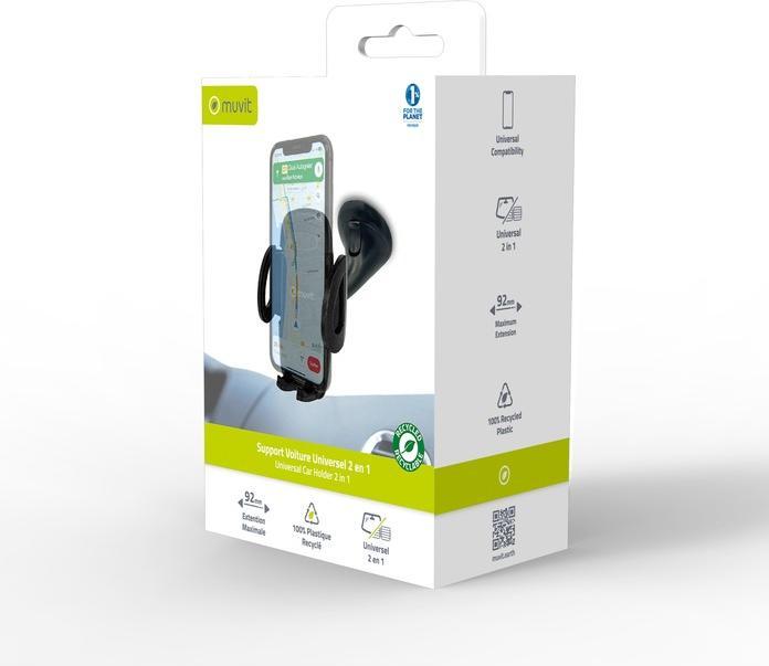 Image du produit Muvit Support Voiture 2en1 Grille / Pare-Brise / Tableau De Bord En Plastique Recyclé Pour Mobiles 92mm Ma