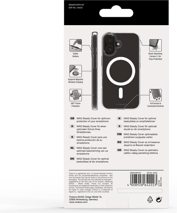 Actual product image Vivanco MAG STEADY Cover for iPhone 16, transparent, 1.5m Drop-Protection, MagSafe Support (Apple iPhone 16)