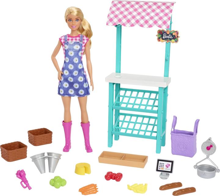 Immagine prodotto Barbie "Divertimento in fattoria", bambola (bionda), bancarella del mercato, cassa, verdura, pane