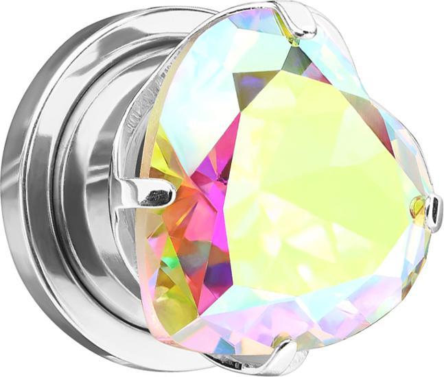 Star Piercing Flesh Plug silber mit Herz Kristall multicolor (Chirurgenstahl 316L)