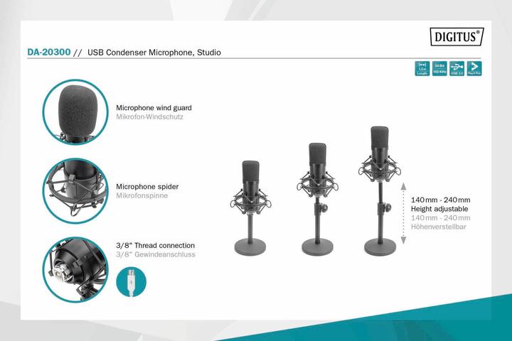 Image du produit Digitus Microphone à condensateur USB 1.5m 192kHz/24Bit