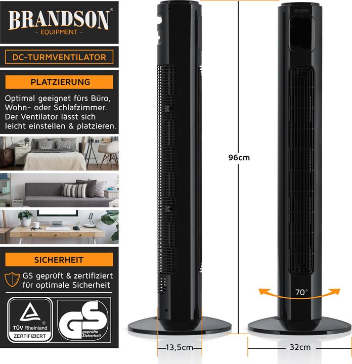 Produktbild Brandson Turmventilator, 12 Geschwindigkeiten, DC, ECO, Timer, Oszillation, Fernbedienung, schwarz (50 dB)
