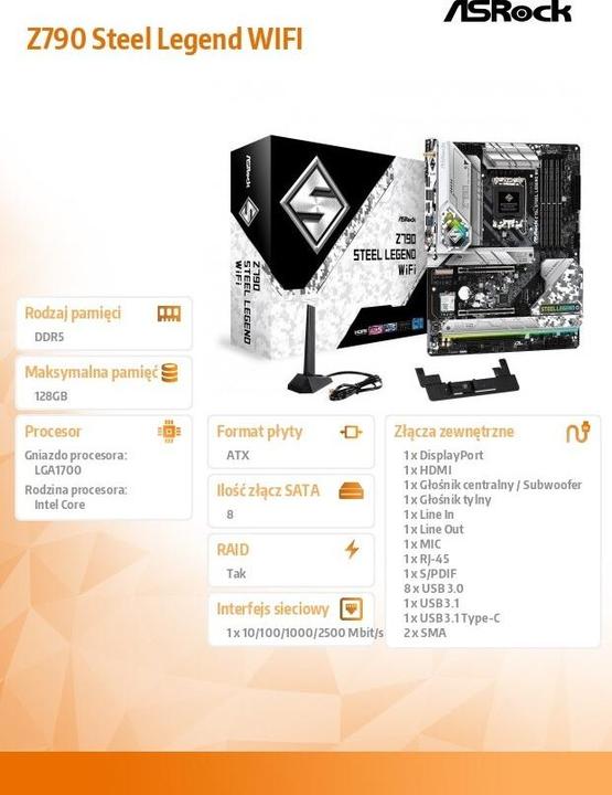 Actual product image AsRock Z790 STEEL LEGEND WIFI ATX Intel DDR5 So.1700 retail (LGA 1700, Intel Z790, ATX)