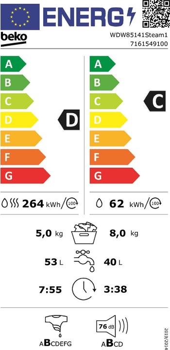 Energy Label Beko WDW85141Steam1 (CH plug)