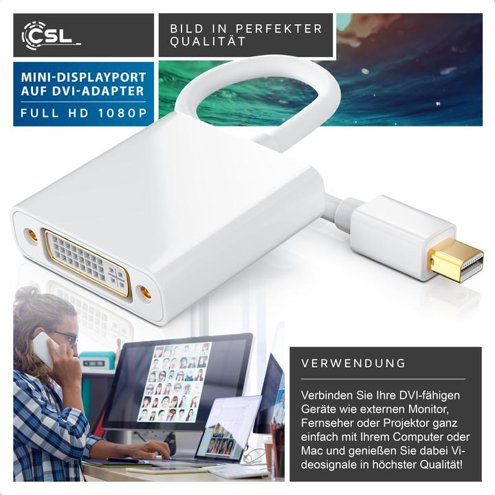 Produktbild CSL Full HD MiniDP zu DVI Adapter Kabel - Mini DisplayPort zu DVI Buchse (DVI, 11 cm)