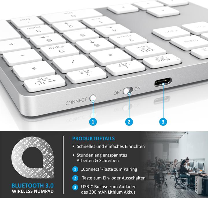Produktbild Aplic Bluetooth Numpad, Wireless Ziffernblock mit Multifunktionstasten, Aluminium Keypad, 35 Tasten, BT3.0 (DE, Kabellos)