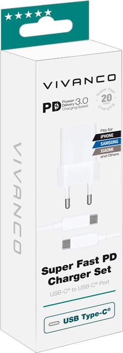 Produktbild Vivanco PD3.0 USB-C Ladeset, 20W, inkl. 1.2m USB-C Kabel, weiss (20 W)