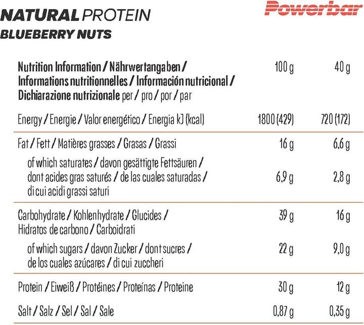 Valeurs nutritives et ingrédients Powerbar Natural Protein Vegan (Nadgers, Myrtille, 18 pcs, 720 g)