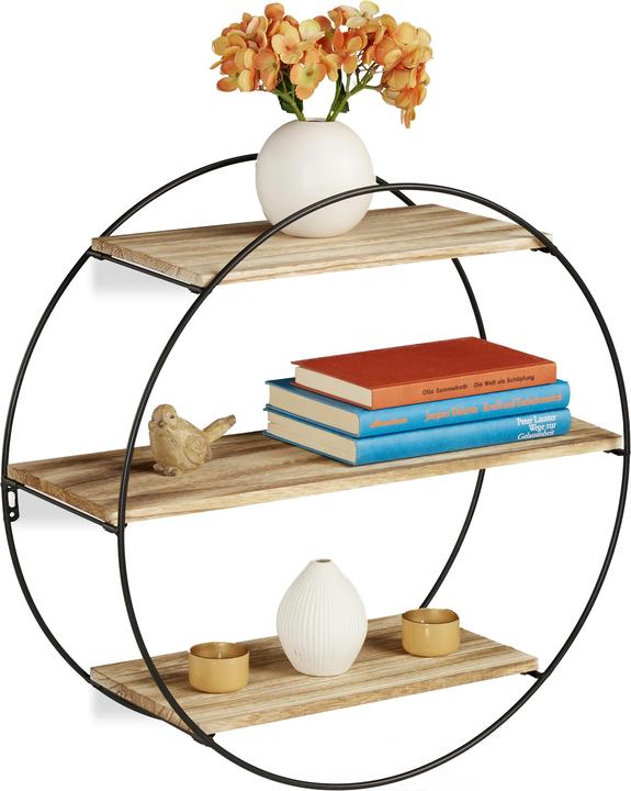 Image du produit Relaxdays Étagère murale ronde, bois et métal (50 x 18,5 x 50 cm)