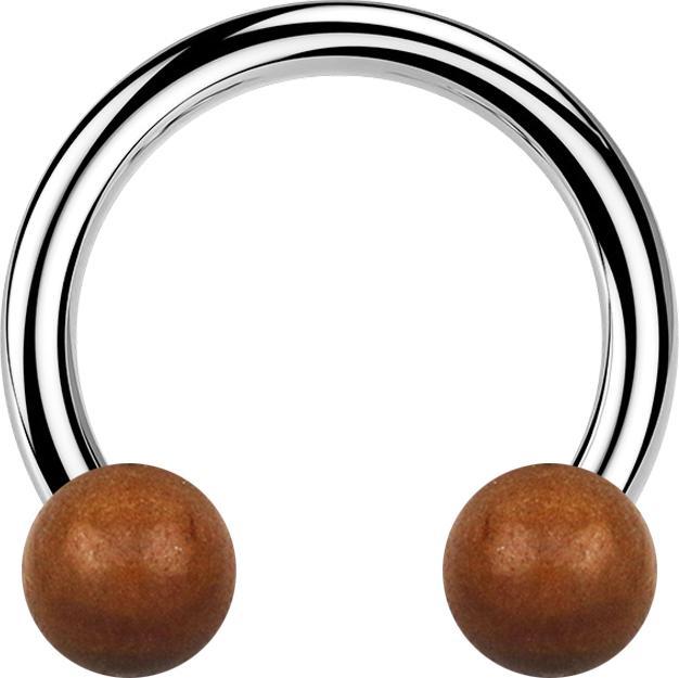 Star Piercing Circular Barbell silber mit zwei Kugeln aus Sawo Holz (Organisch, Chirurgenstahl 316L, ohne Messing)
