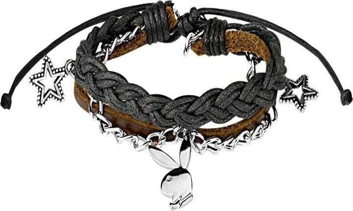Star Piercing Lederarmband schwarz mit Playboy Bunny und Sternen (Messing, Leder)