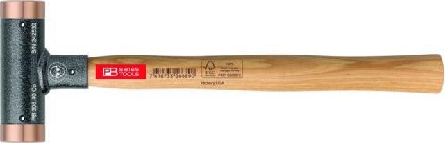 PB Swiss Tools Niet terugslagvrije hamer, met koperen inzetstukken, hickory handvat, 24 mm (340 g)