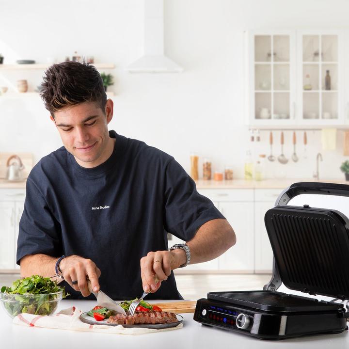 Actual product image Domo Genius Electric Contact Grill Non-stick Coating, with Display Stainless Steel, Black (EU plug)